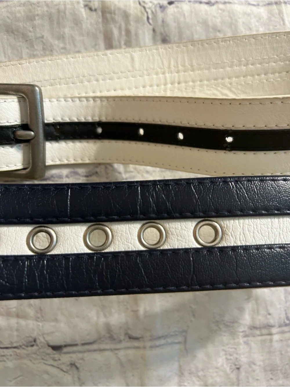LOT OF (2) BLACK AND WHITE RETRO STRIPED VEGAN WOMEN’S BELTS LARGE
